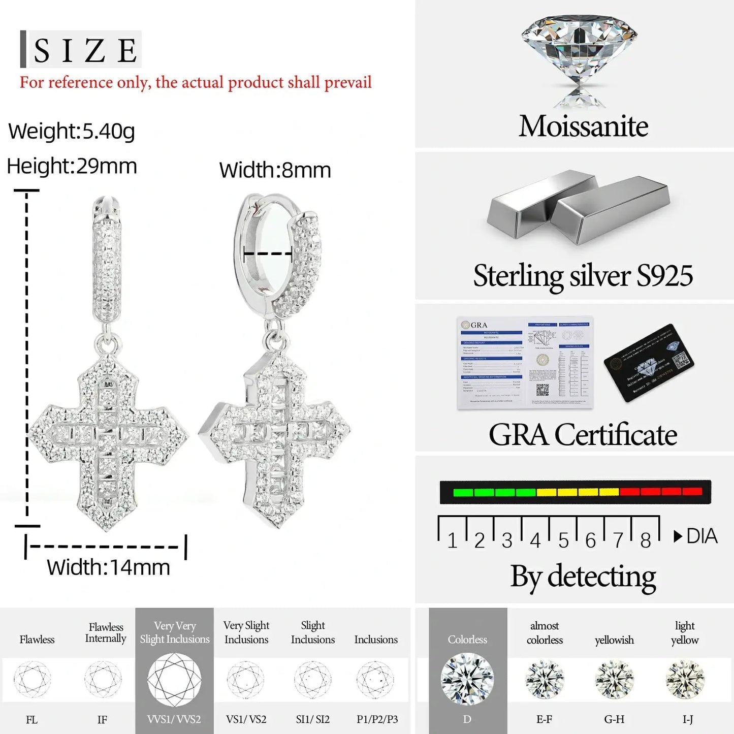 S925 Princess Cut Moissanite Cross Drop Earrings
