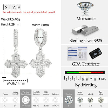 S925 Princess Cut Moissanite Cross Drop Earrings