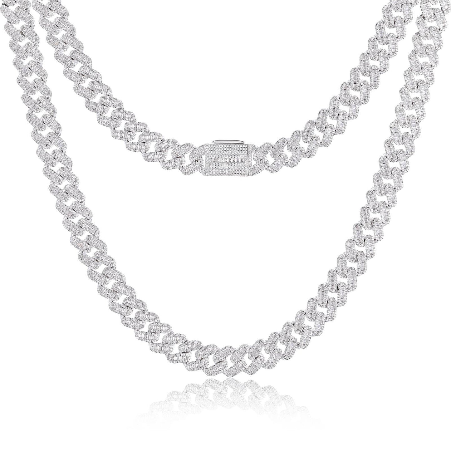 14mm S925 1 Row Baguette Moissanite Cuban Link Chain