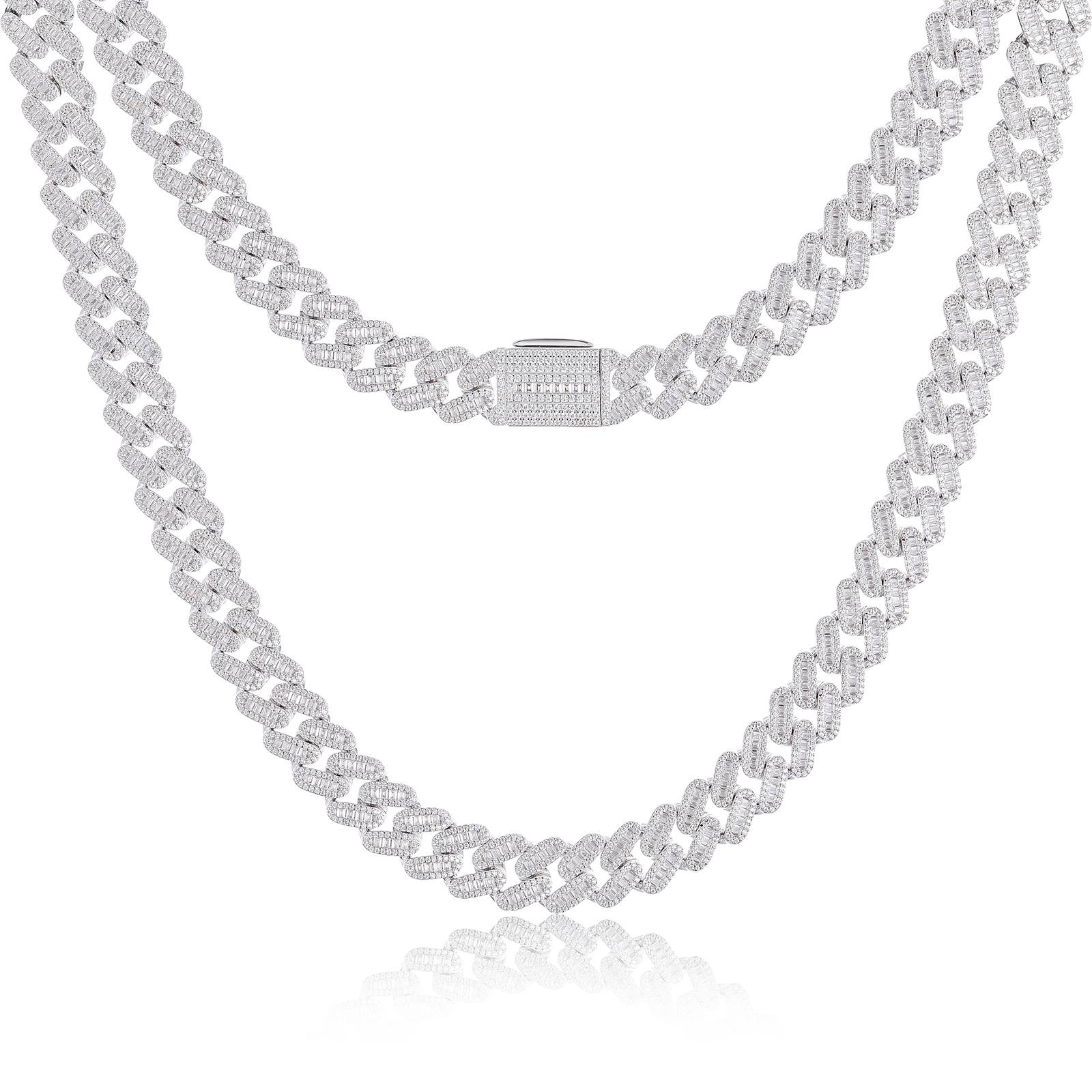 14mm S925 1 Row Baguette Moissanite Cuban Link Chain