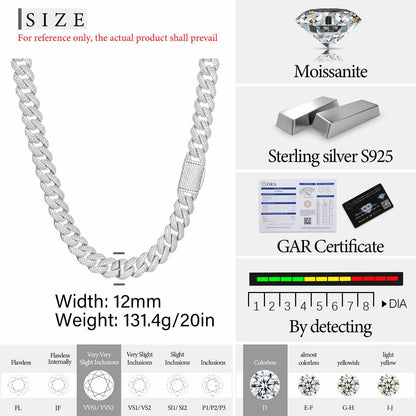 12mm S925 Micro 3 Rows Moissanite Cuban Link Chain