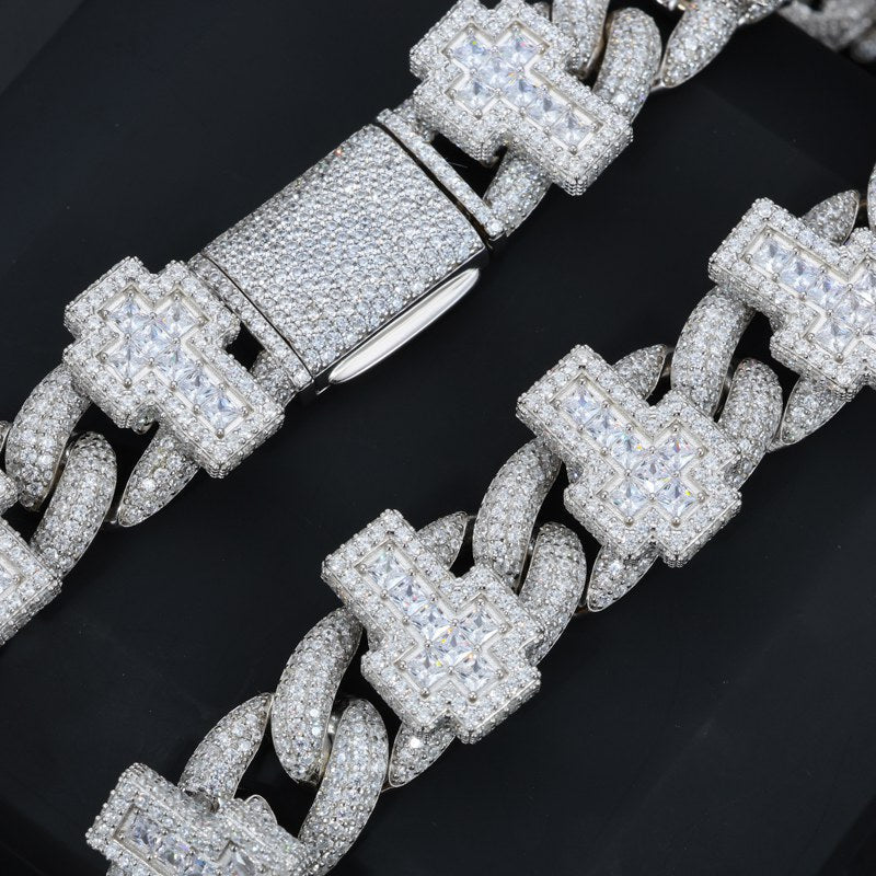 19mm S925 Moissanite Princess Cut Cross Cuban Link Chain