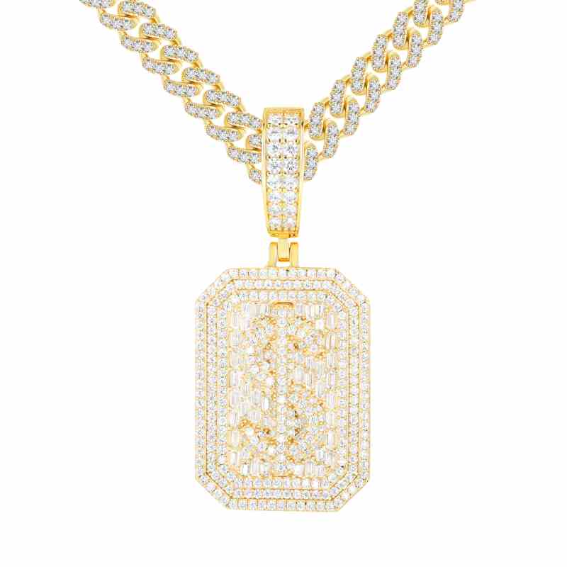 S925 Baguette Moissanite Dollar Sign Dog Tag Pendant