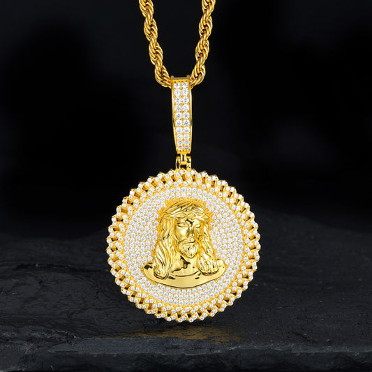 S925 Moissanite Round Jesus Dog Tag Pendant Wiith Cuban Side