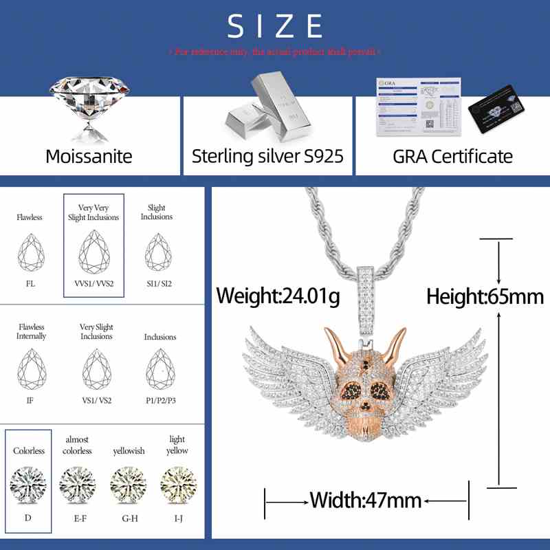 S925 Moissanite King of Skeleton Pendant With Wing